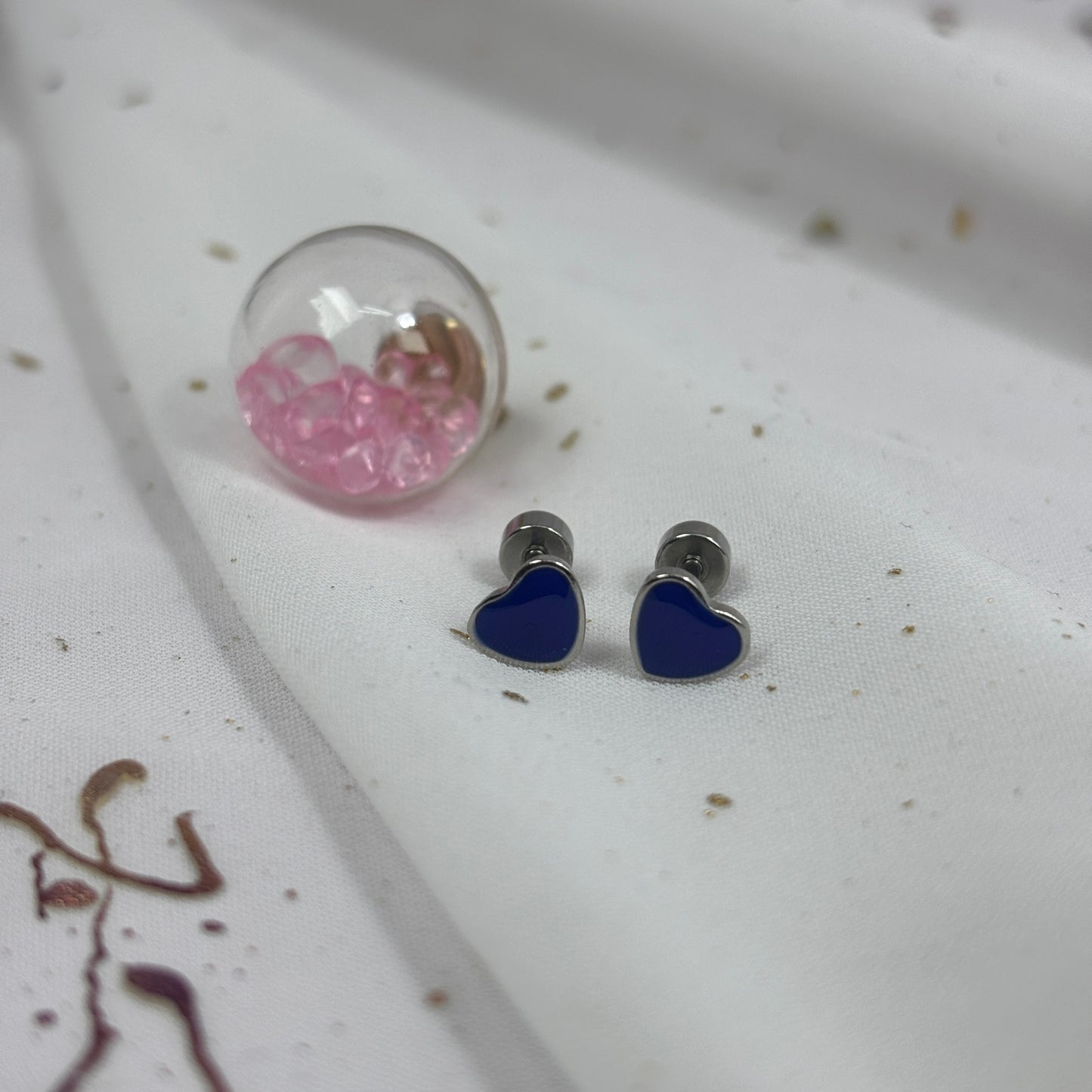 Mini Aros Acero Quirúrgico Plateado Corazón Azul Oscuro - Tope Tornillo