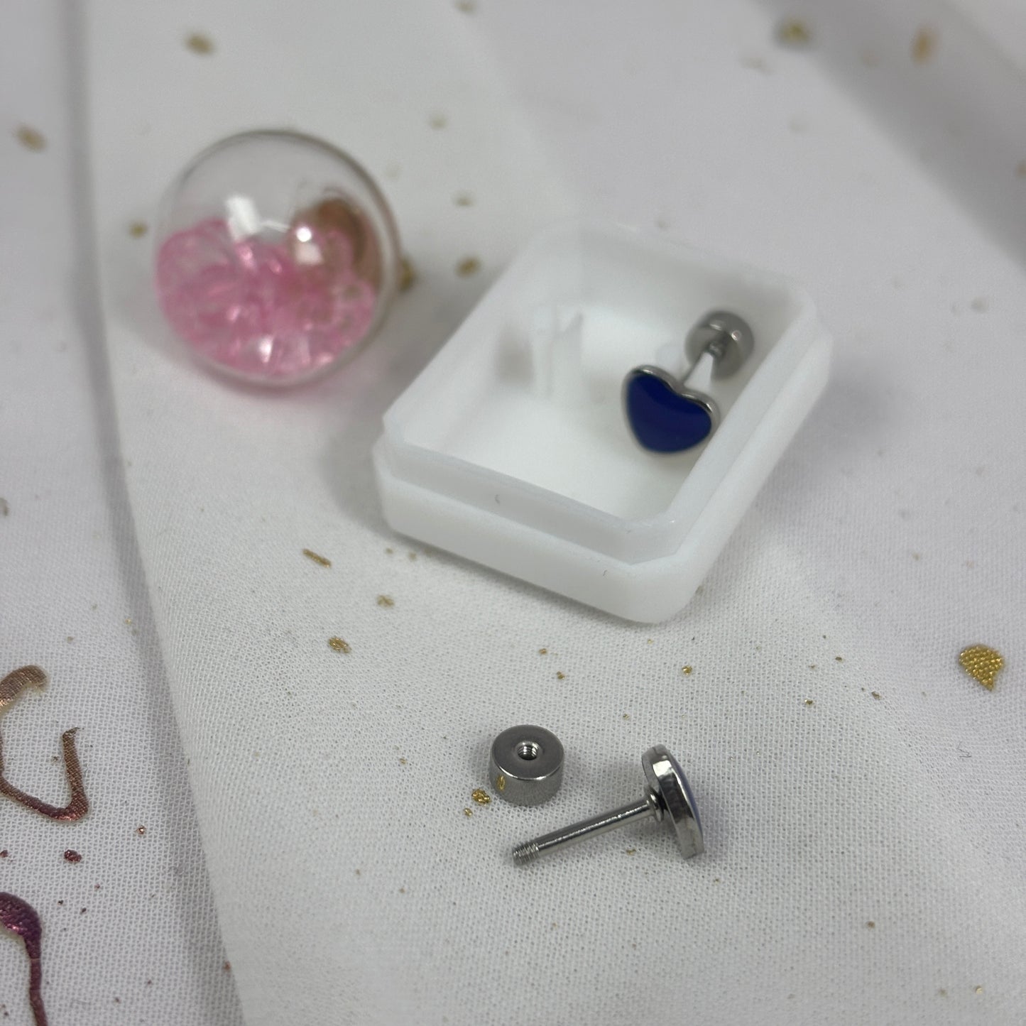 Mini Aros Acero Quirúrgico Plateado Corazón Azul Oscuro - Tope Tornillo