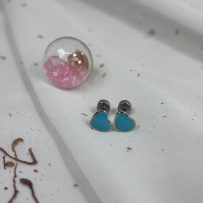 Mini Aros Acero Quirúrgico Plateado Corazón Azul Claro - Tope Tornillo
