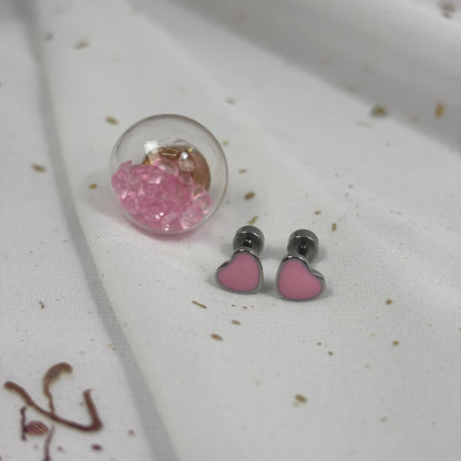 Mini Aros Acero Quirúrgico Plateado Corazón Rosa Claro - Tope Tornillo