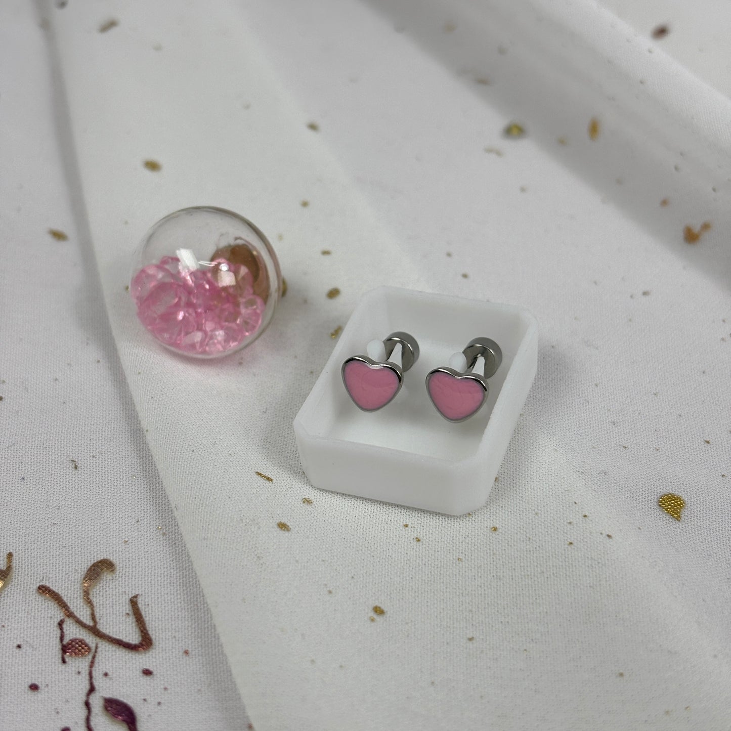 Mini Aros Acero Quirúrgico Plateado Corazón Rosa Claro - Tope Tornillo