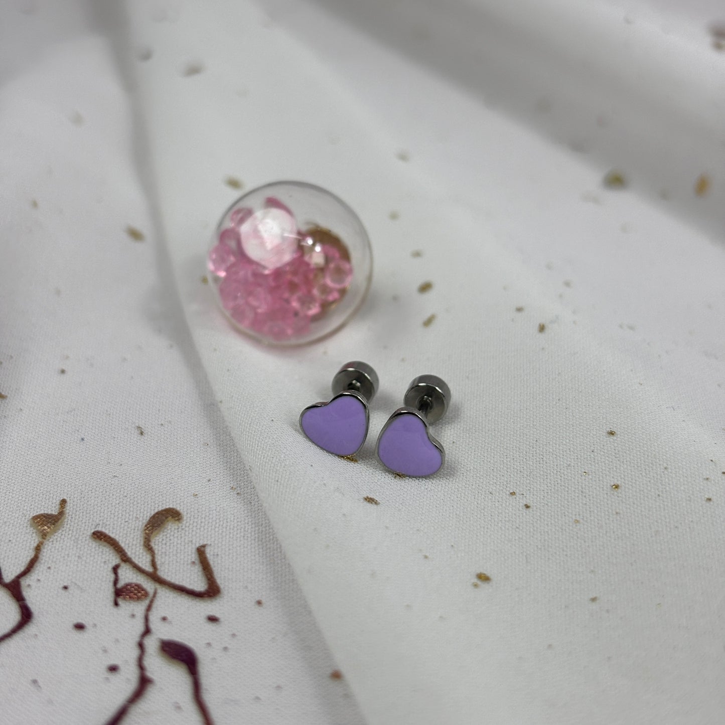 Mini Aros Acero Quirúrgico Plateado Corazón Lila - Tope Tornillo