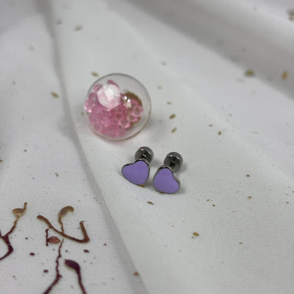 Mini Aros Acero Quirúrgico Plateado Corazón Lila - Tope Tornillo
