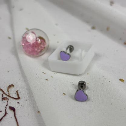 Mini Aros Acero Quirúrgico Plateado Corazón Lila - Tope Tornillo