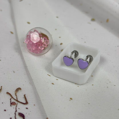 Mini Aros Acero Quirúrgico Plateado Corazón Lila - Tope Tornillo