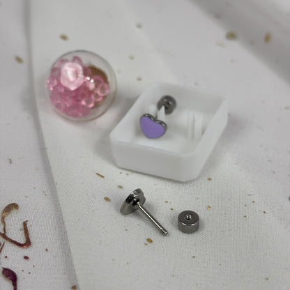 Mini Aros Acero Quirúrgico Plateado Corazón Lila - Tope Tornillo