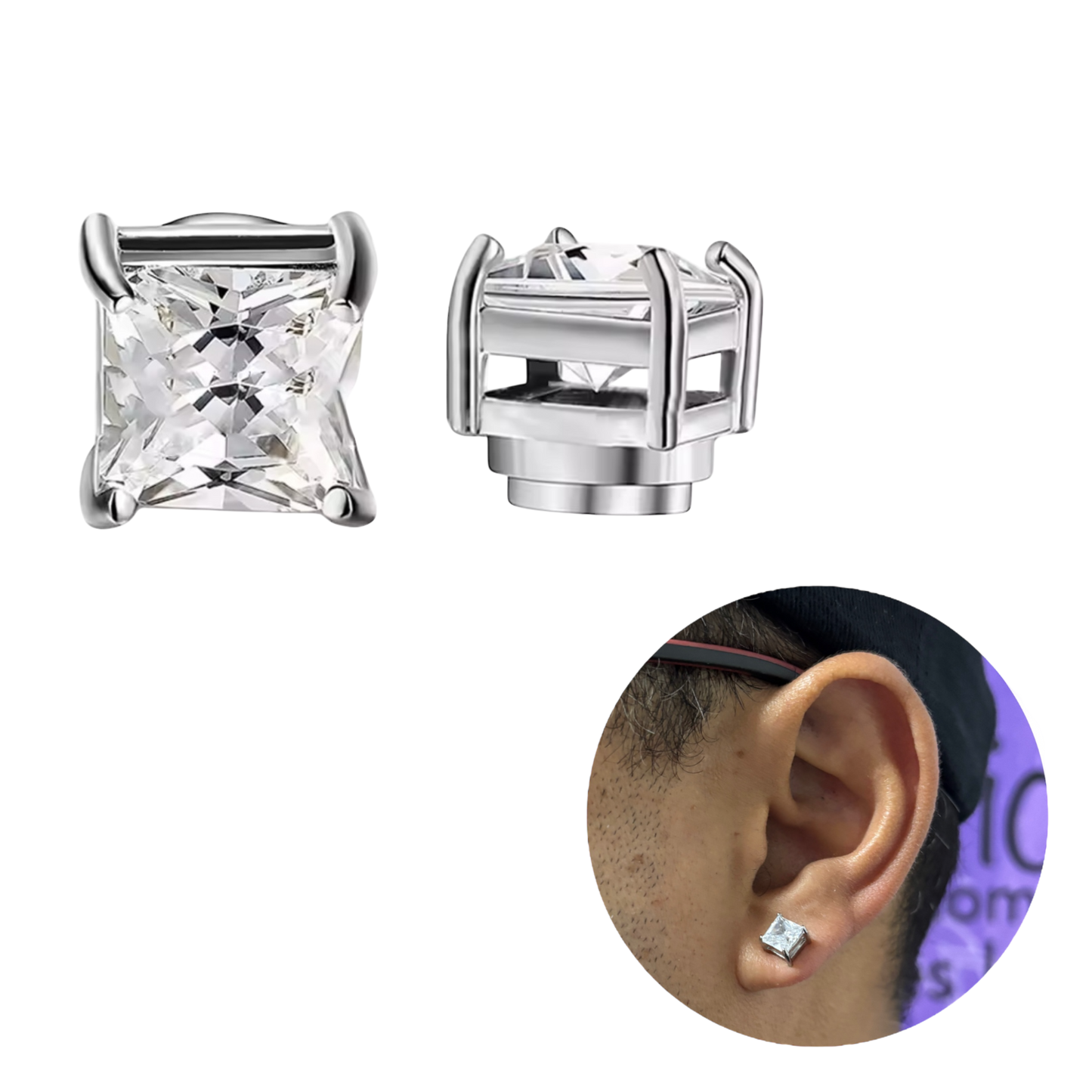 Aros Imán Punto de luz Plateado Circón Blanco Cuadrado 6MM