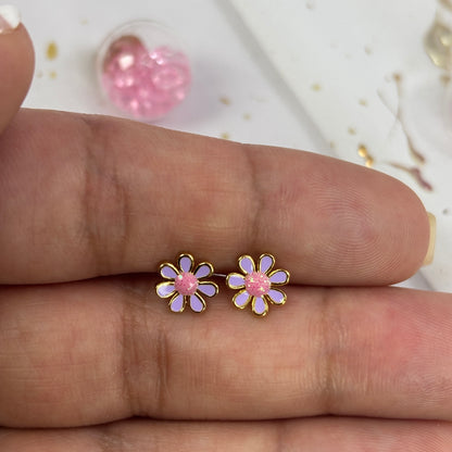 Mini Aros Acero Quirúrgico Dorado Flor Lila - Tope Tornillo