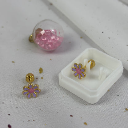 Mini Aros Acero Quirúrgico Dorado Flor Lila - Tope Tornillo