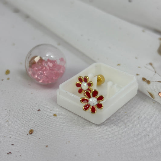 Mini Aros Acero Quirúrgico Dorado Flor Roja - Tope Tornillo