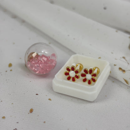 Mini Aros Acero Quirúrgico Dorado Flor Roja - Tope Tornillo