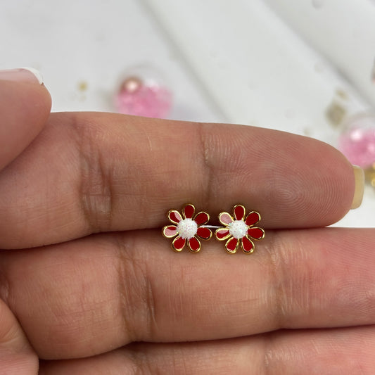Mini Aros Acero Quirúrgico Dorado Flor Roja - Tope Tornillo