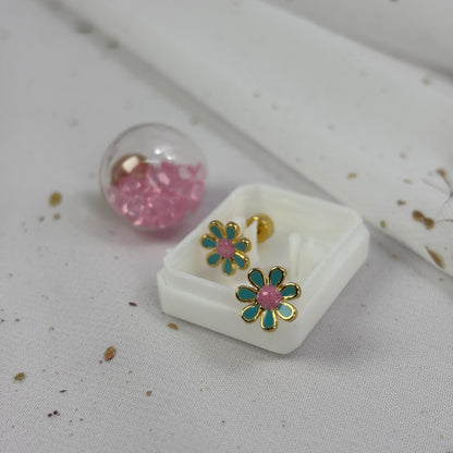 Mini Aros Acero Quirúrgico Dorado Flor Turquesa - Tope Tornillo