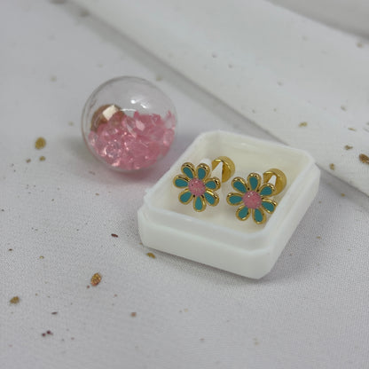 Mini Aros Acero Quirúrgico Dorado Flor Turquesa - Tope Tornillo