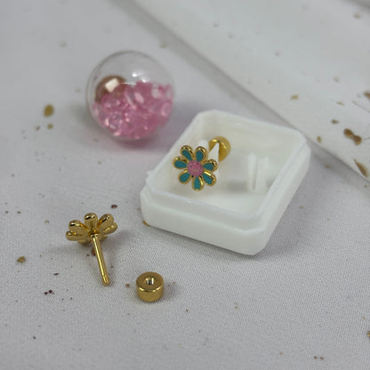 Mini Aros Acero Quirúrgico Dorado Flor Turquesa - Tope Tornillo
