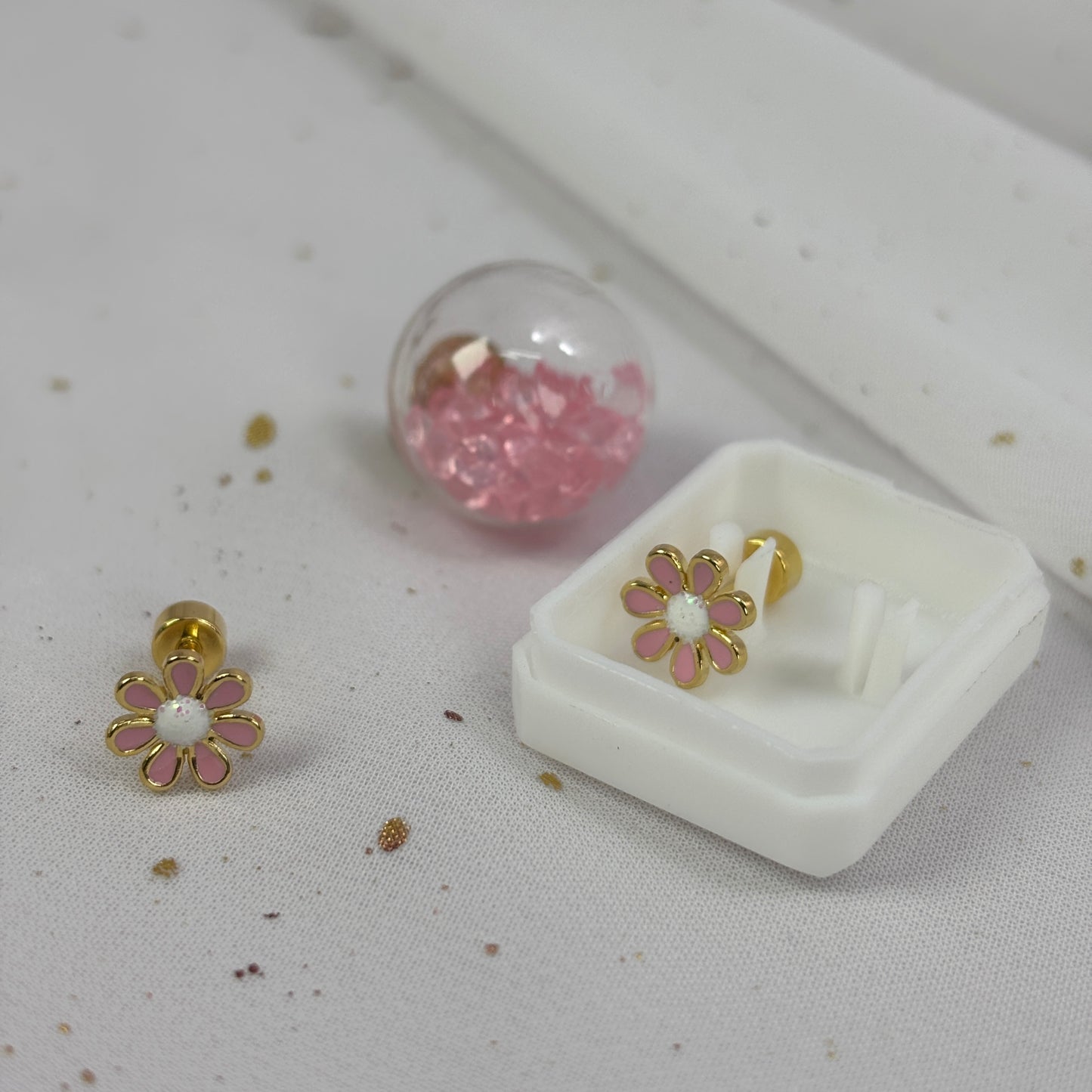 Mini Aros Acero Quirúrgico Dorado Flor Rosa - Tope Tornillo