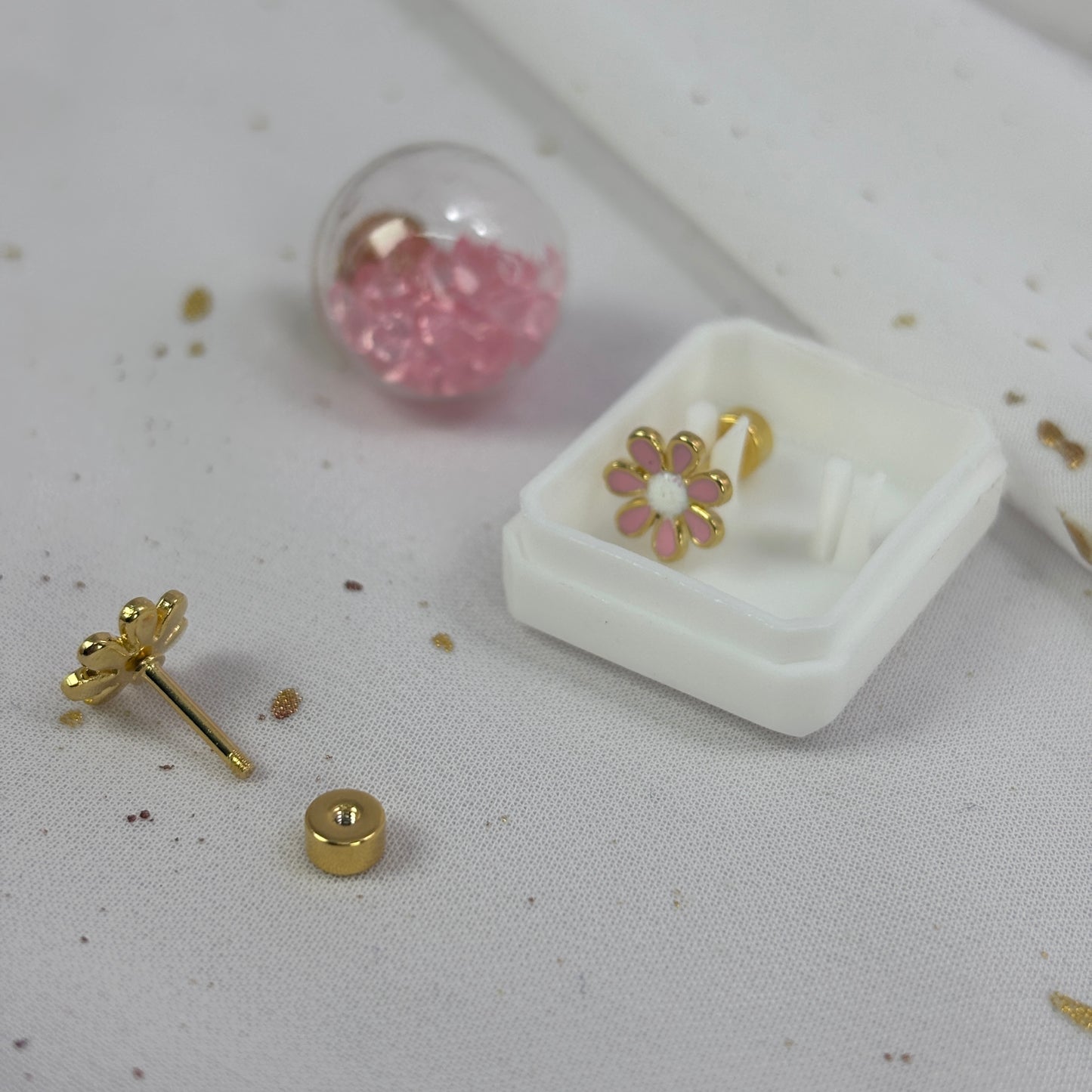 Mini Aros Acero Quirúrgico Dorado Flor Rosa - Tope Tornillo