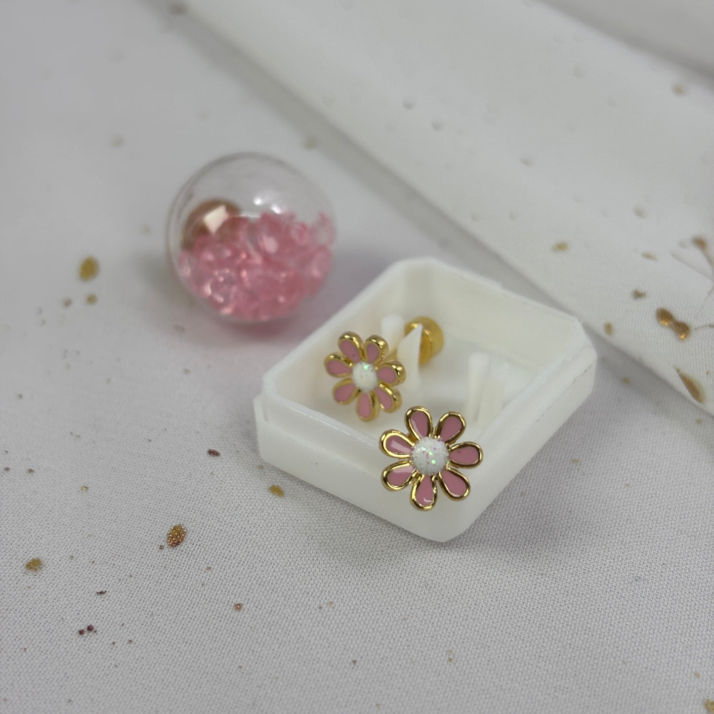 Mini Aros Acero Quirúrgico Dorado Flor Rosa - Tope Tornillo