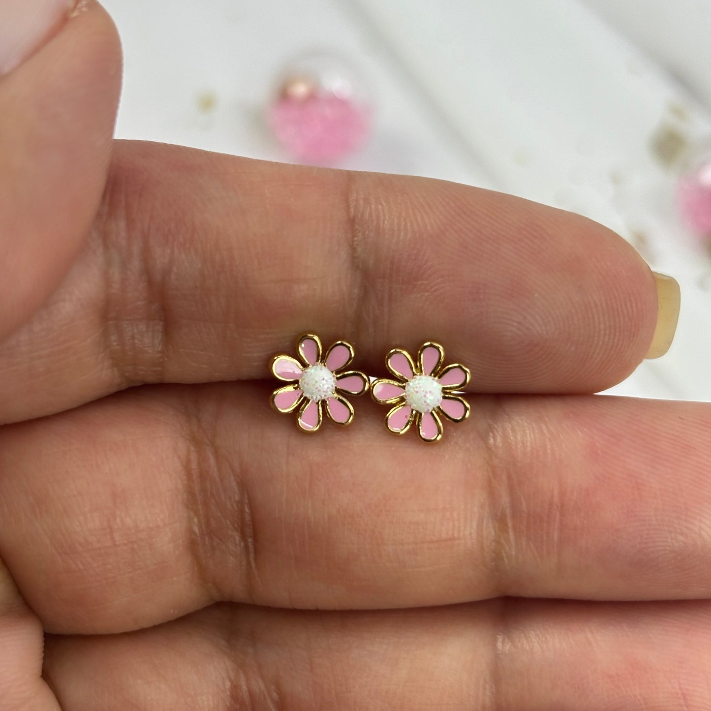 Mini Aros Acero Quirúrgico Dorado Flor Rosa - Tope Tornillo