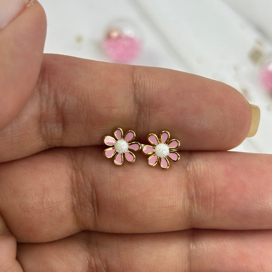 Mini Aros Acero Quirúrgico Dorado Flor Rosa - Tope Tornillo