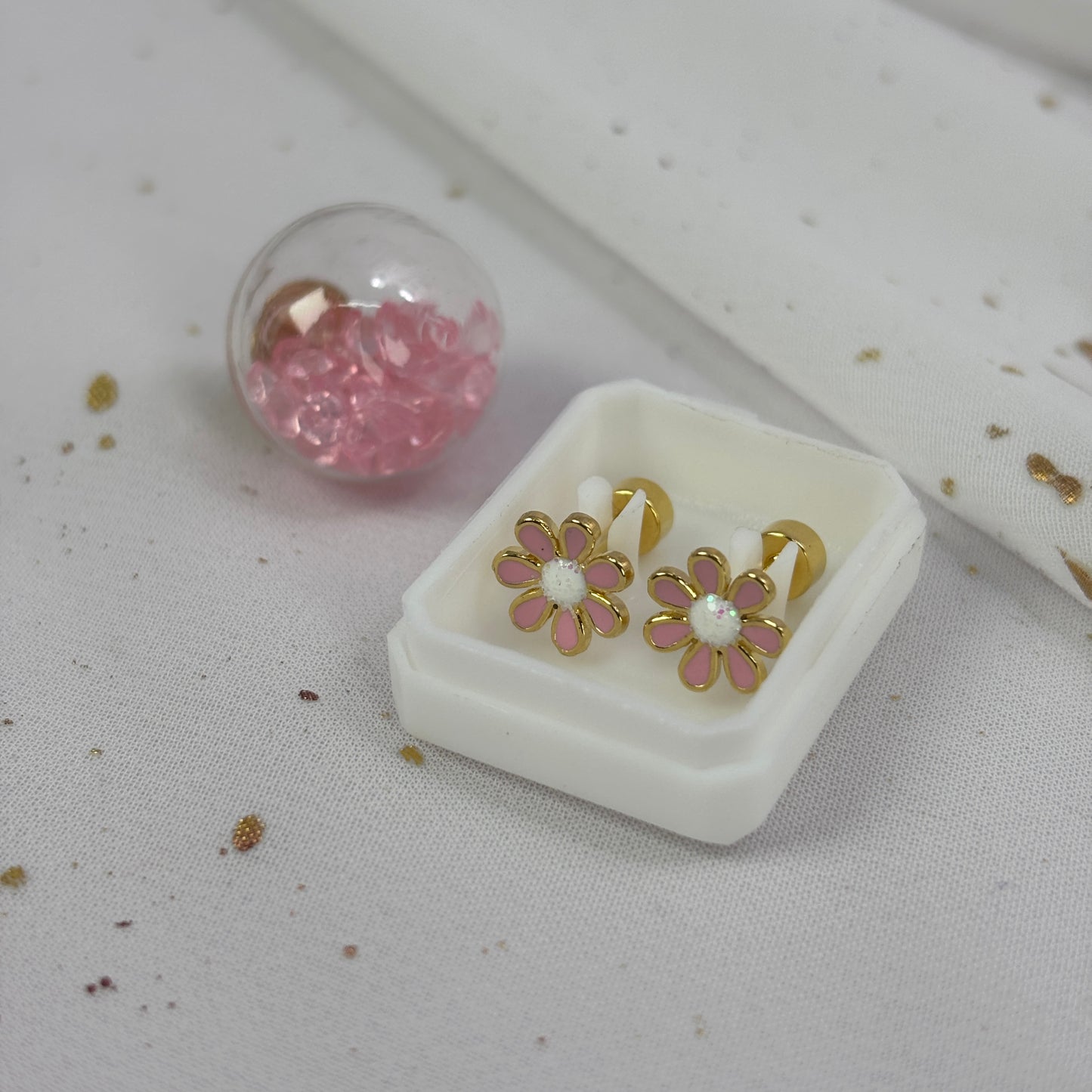 Mini Aros Acero Quirúrgico Dorado Flor Rosa - Tope Tornillo