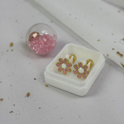 Mini Aros Acero Quirúrgico Dorado Flor Rosa - Tope Tornillo