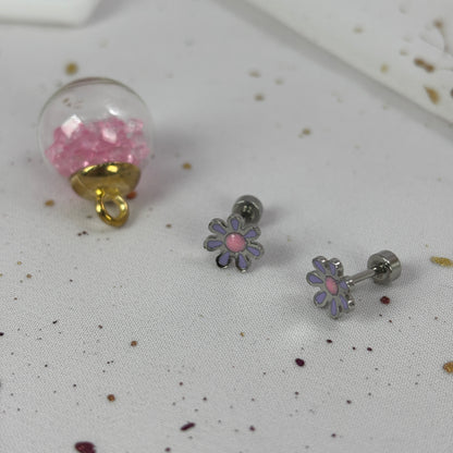 Mini Aros Acero Quirúrgico Plateado Flor Lila - Tope Tornillo
