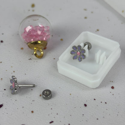 Mini Aros Acero Quirúrgico Plateado Flor Lila - Tope Tornillo