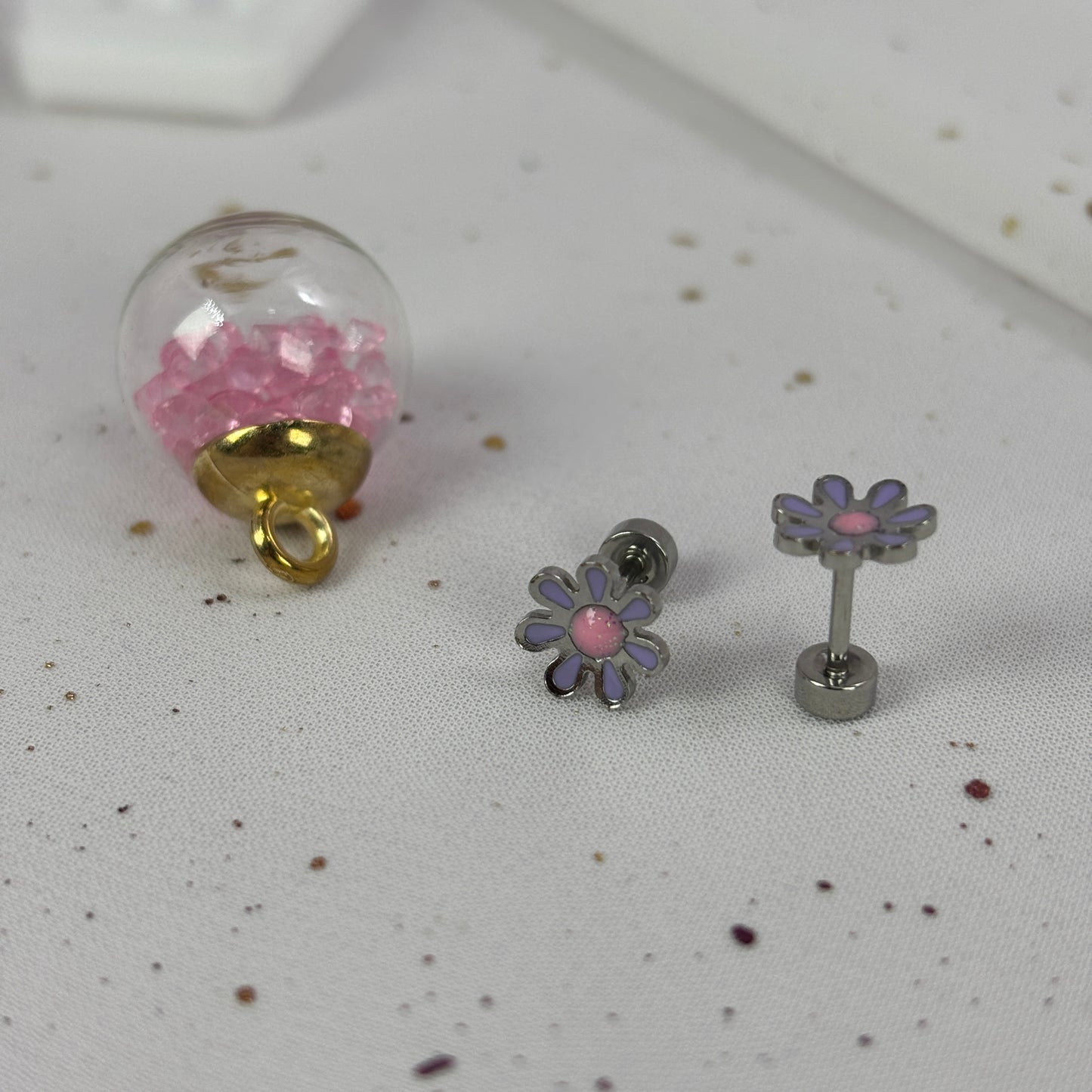 Mini Aros Acero Quirúrgico Plateado Flor Lila - Tope Tornillo