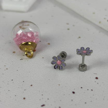 Mini Aros Acero Quirúrgico Plateado Flor Lila - Tope Tornillo