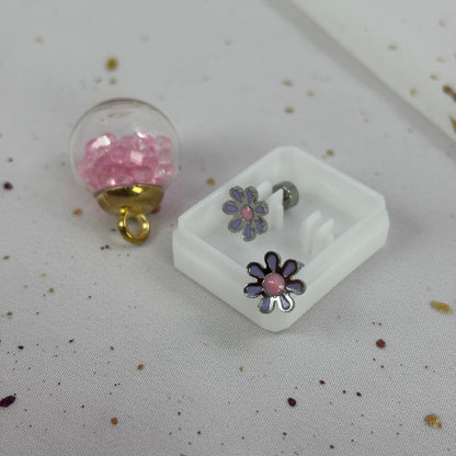 Mini Aros Acero Quirúrgico Plateado Flor Lila - Tope Tornillo