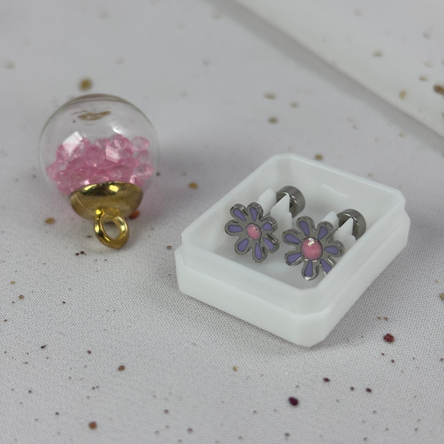 Mini Aros Acero Quirúrgico Plateado Flor Lila - Tope Tornillo