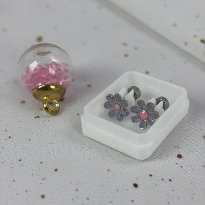 Mini Aros Acero Quirúrgico Plateado Flor Lila - Tope Tornillo