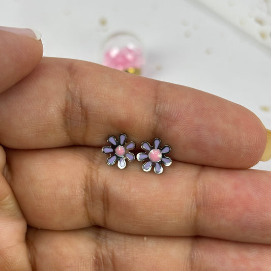 Mini Aros Acero Quirúrgico Plateado Flor Lila - Tope Tornillo