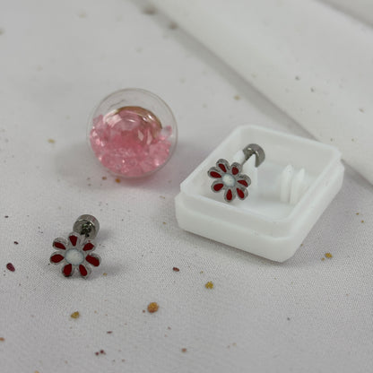 Mini Aros Acero Quirúrgico Plateado Flor Roja - Tope Tornillo