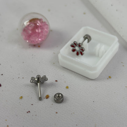 Mini Aros Acero Quirúrgico Plateado Flor Roja - Tope Tornillo