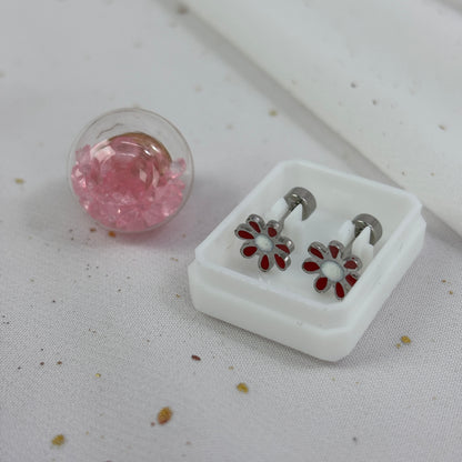 Mini Aros Acero Quirúrgico Plateado Flor Roja - Tope Tornillo