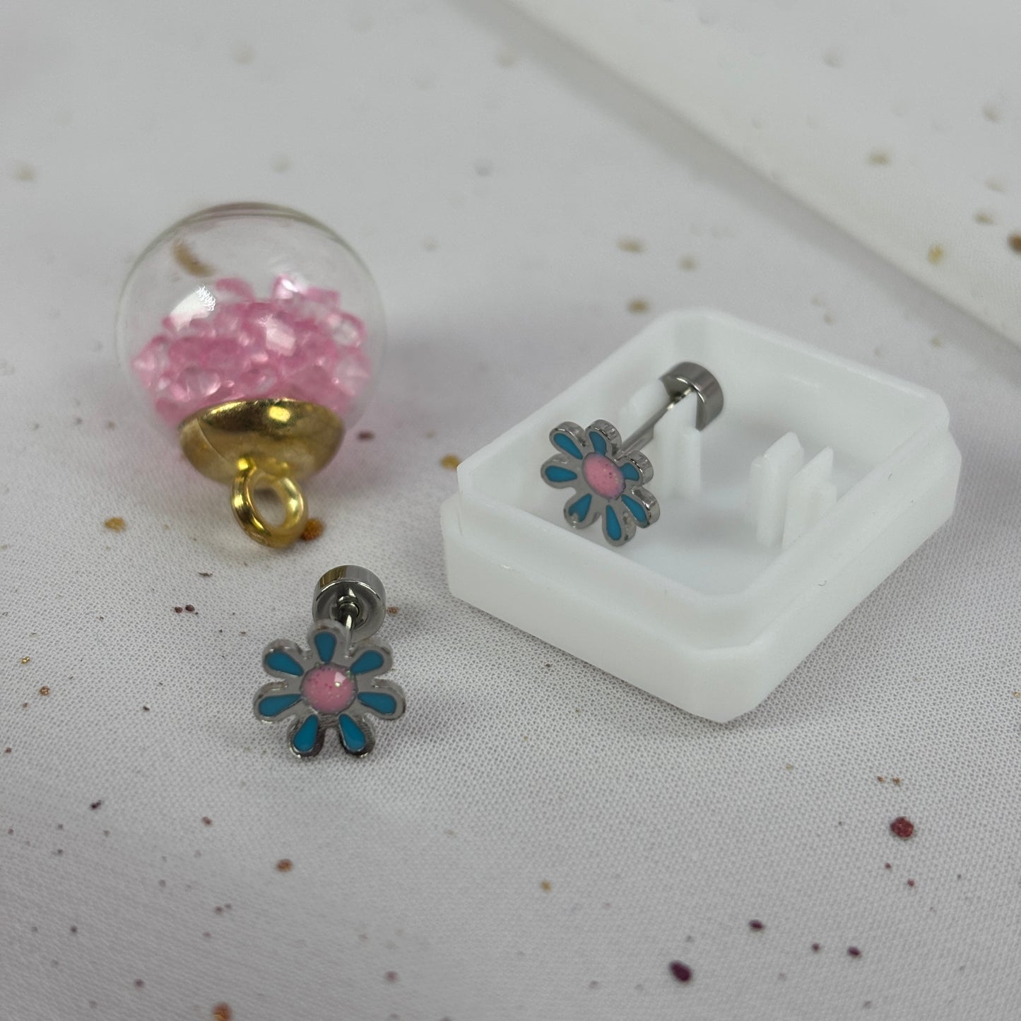 Mini Aros Acero Quirúrgico Plateado Flor Turquesa - Tope Tornillo