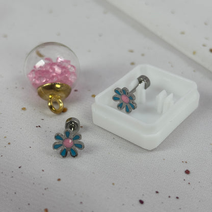 Mini Aros Acero Quirúrgico Plateado Flor Turquesa - Tope Tornillo