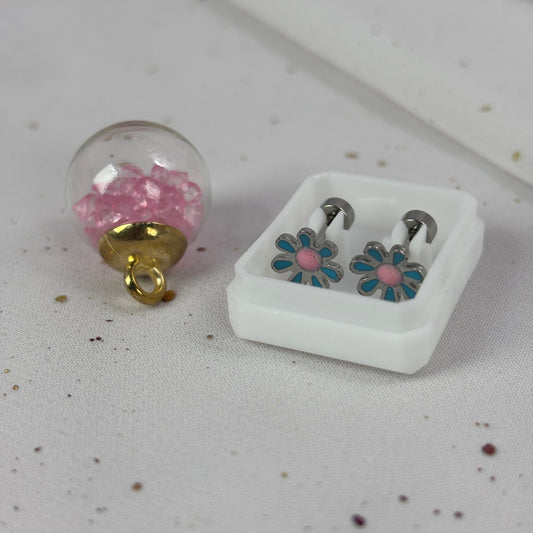 Mini Aros Acero Quirúrgico Plateado Flor Turquesa - Tope Tornillo