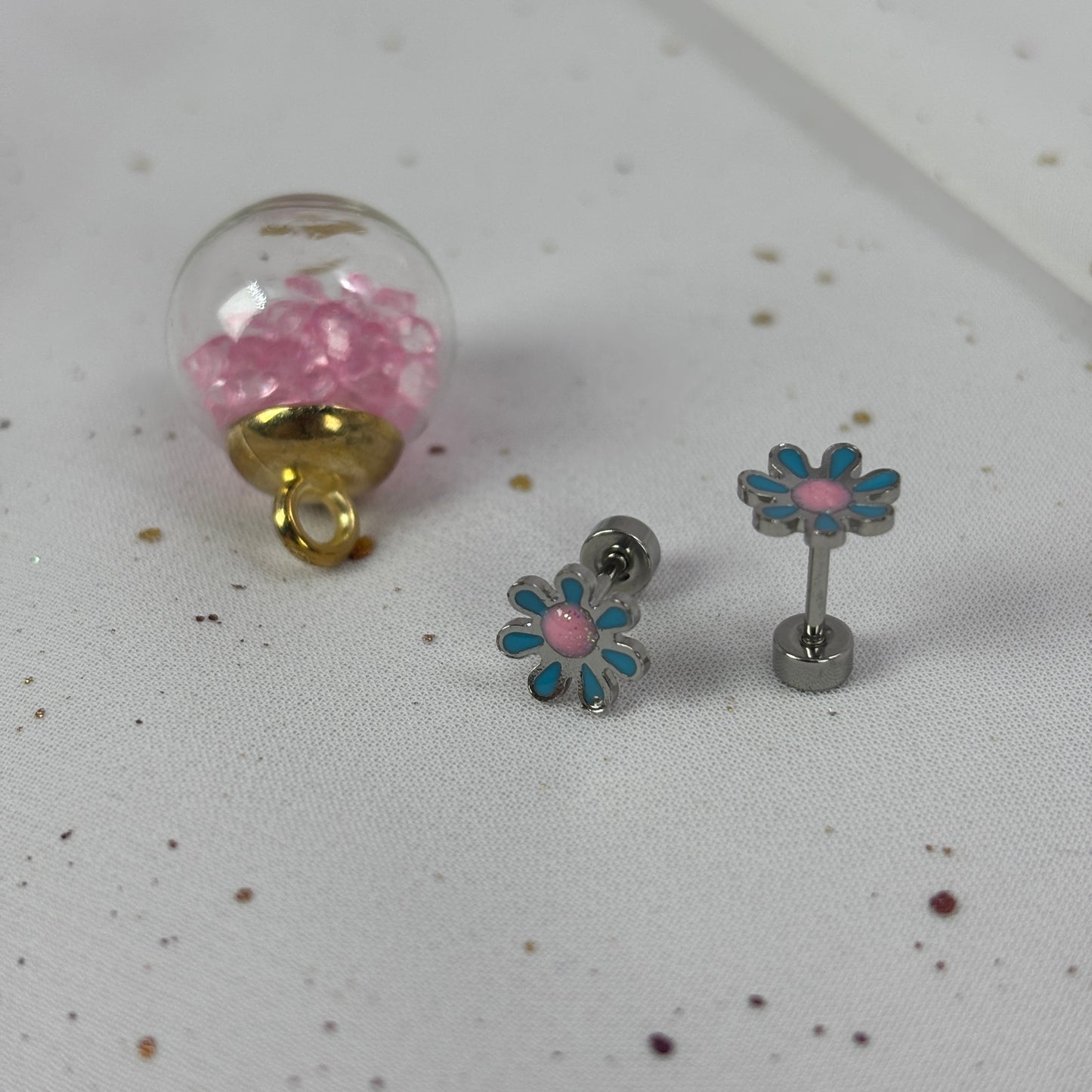 Mini Aros Acero Quirúrgico Plateado Flor Turquesa - Tope Tornillo