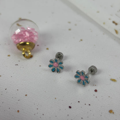 Mini Aros Acero Quirúrgico Plateado Flor Turquesa - Tope Tornillo