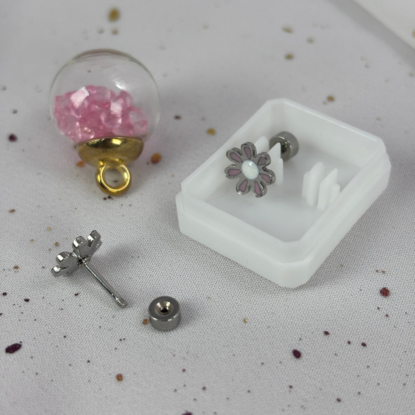 Mini Aros Acero Quirúrgico Plateado Flor Rosa - Tope Tornillo