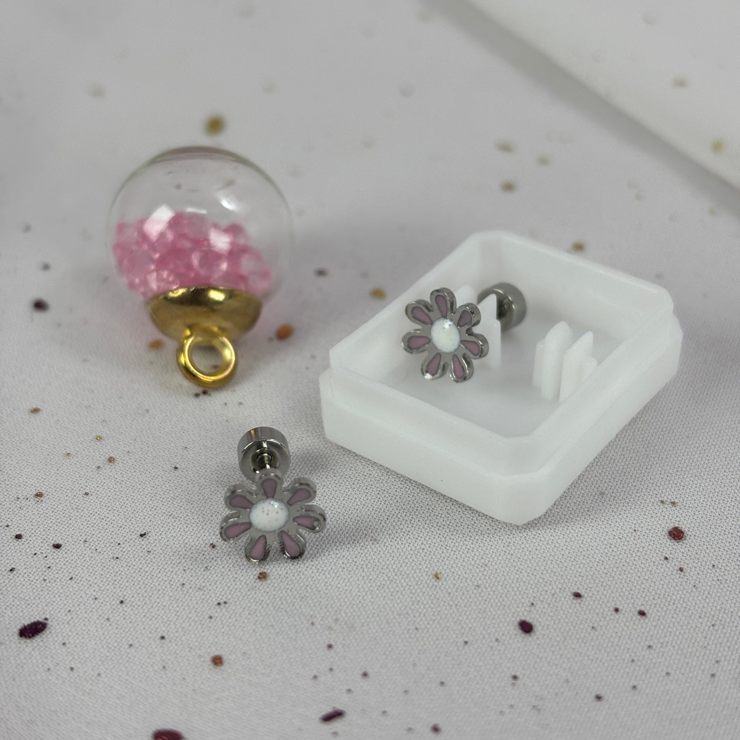 Mini Aros Acero Quirúrgico Plateado Flor Rosa - Tope Tornillo