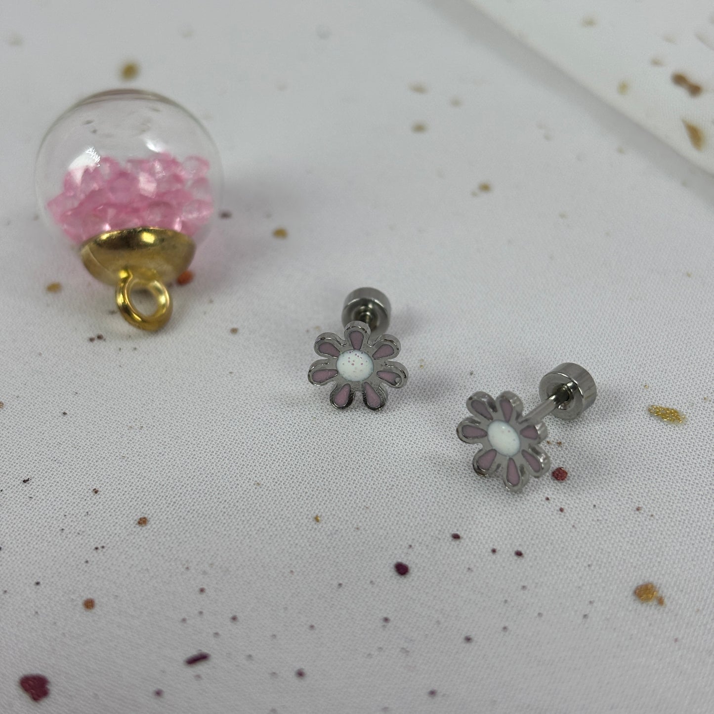 Mini Aros Acero Quirúrgico Plateado Flor Rosa - Tope Tornillo