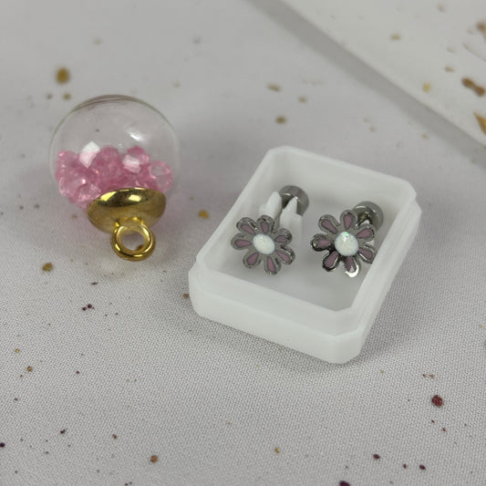 Mini Aros Acero Quirúrgico Plateado Flor Rosa - Tope Tornillo