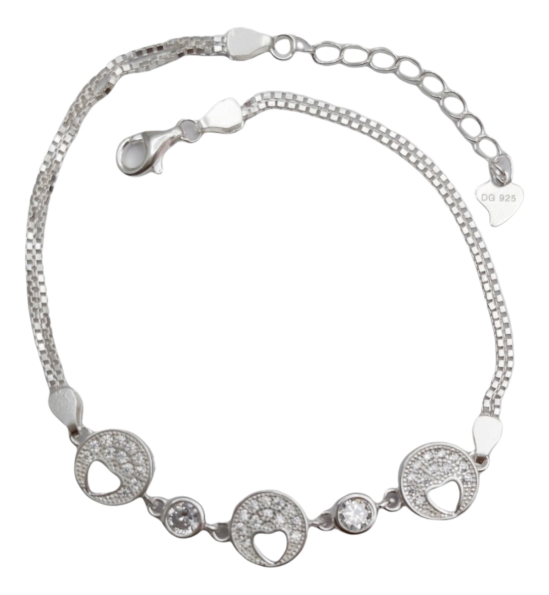 Pulsera de Plata 925 con Corazones y Circones Blancos – Estilo Elegante para Mujer