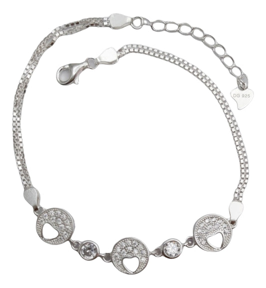 Pulsera de Plata 925 con Corazones y Circones Blancos – Estilo Elegante para Mujer