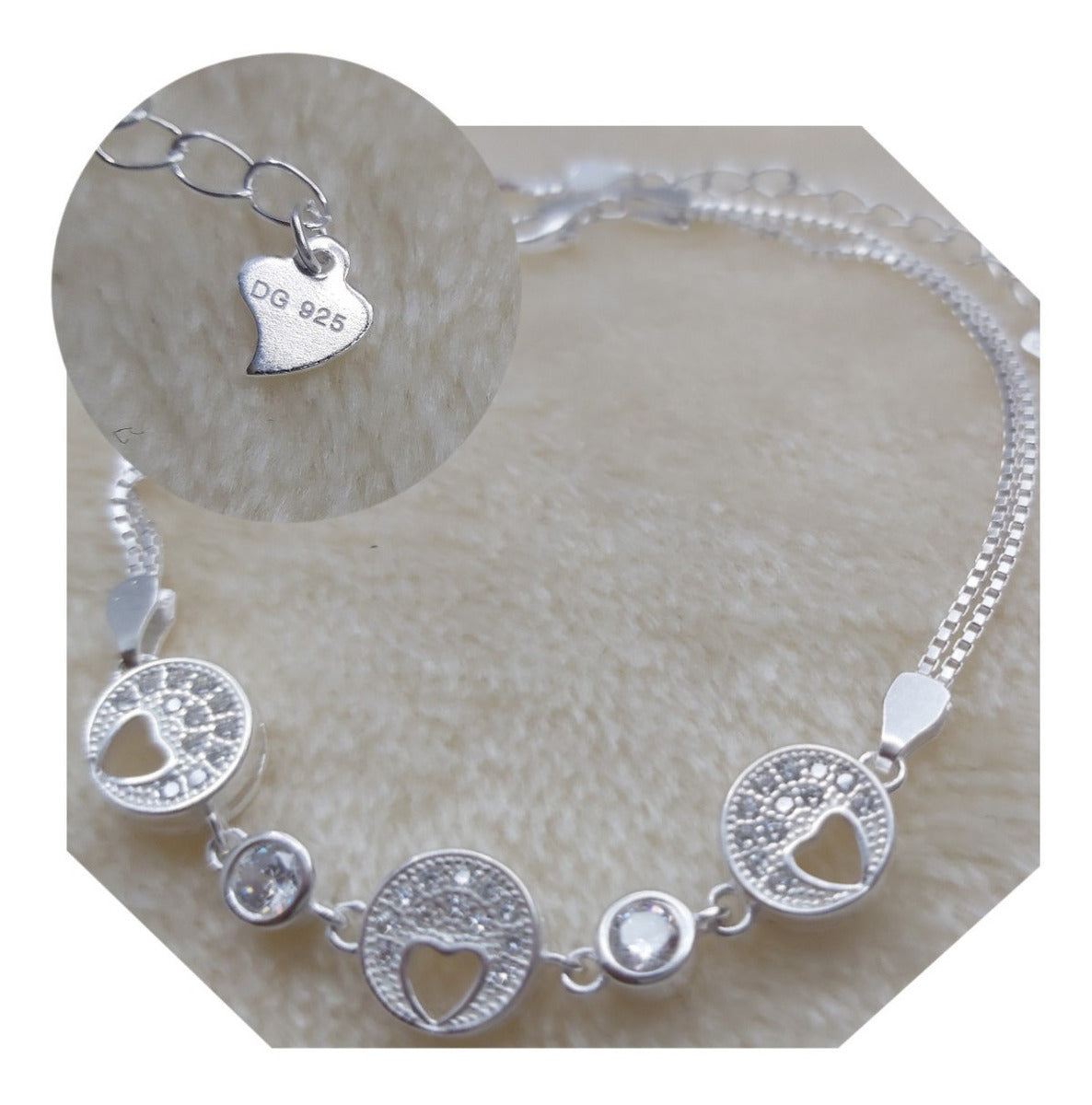 Pulsera de Plata 925 con Corazones y Circones Blancos – Estilo Elegante para Mujer