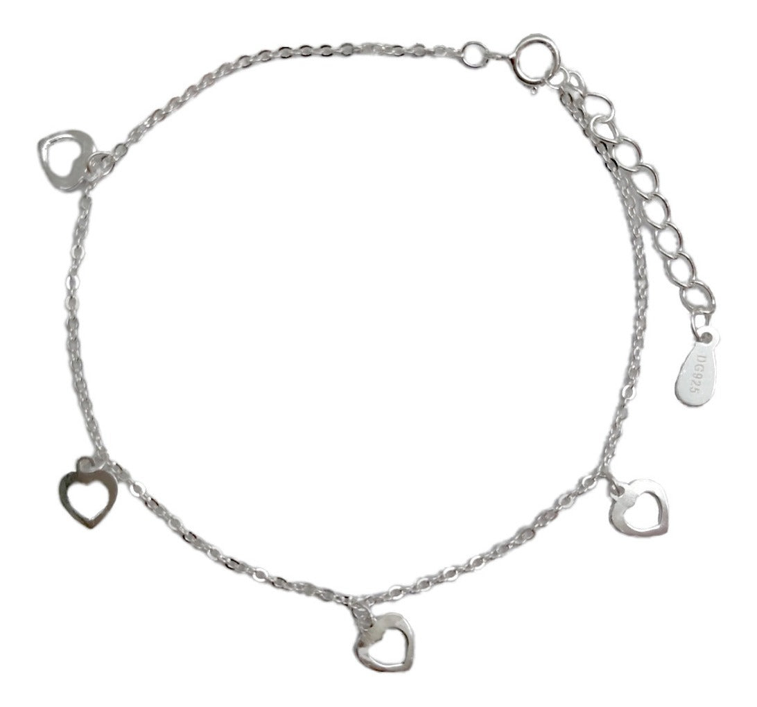 Pulsera de Plata 925 con Corazones Colgantes – Estilo Rolo para Mujer